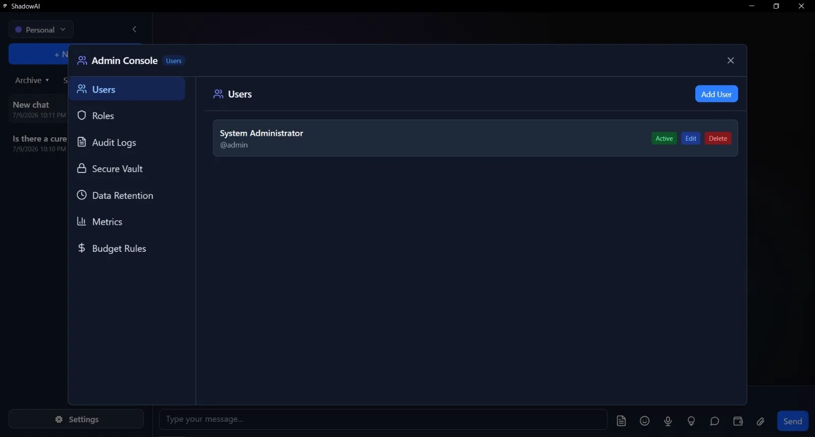 Zatinok admin console with users, roles, audit logs, secure vault, and data retention settings