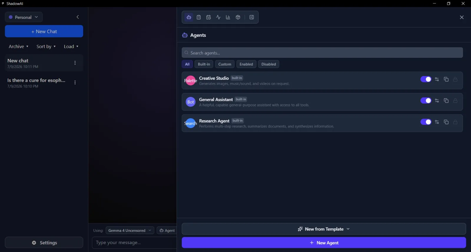 Zatinok agents panel with built-in Creative Studio, General Assistant, and Research Agent
