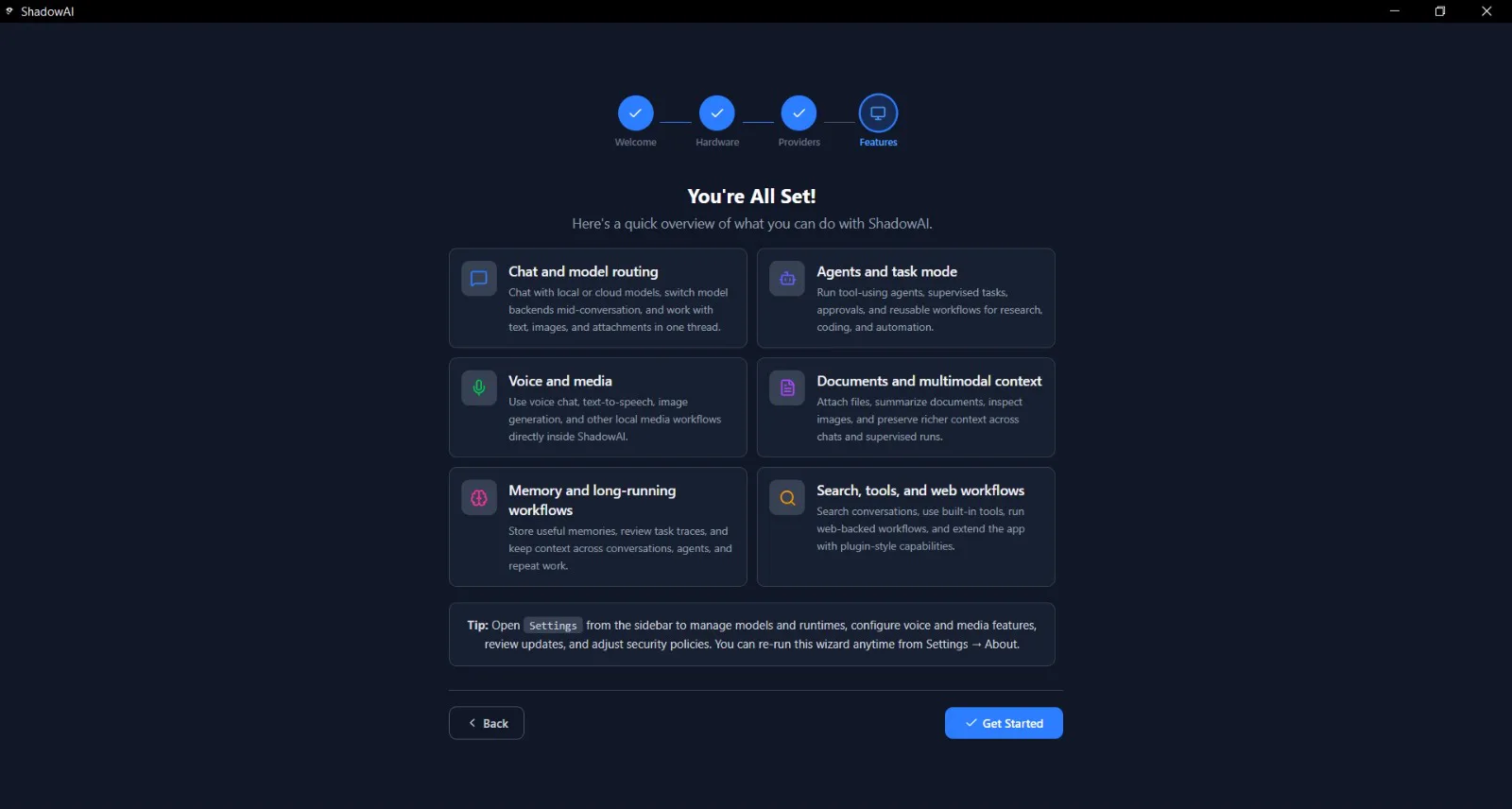 Zatinok onboarding wizard summarizing chat, agents, voice and media, documents, memory, and tool features
