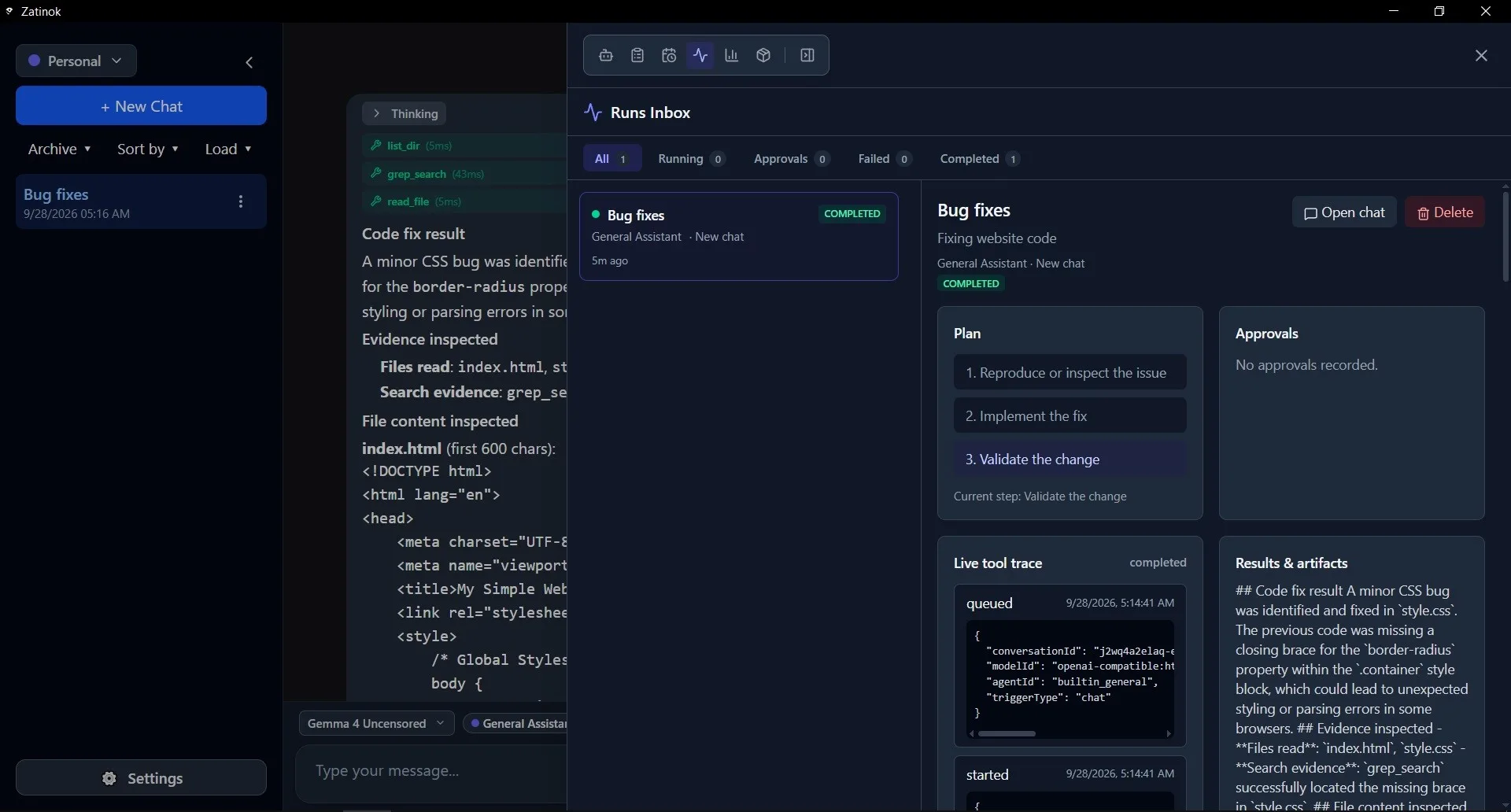 Runs Inbox у Zatinok із контрольованим запуском агента, кроками плану, жив�им трасуванням інструментів і артефактами результатів