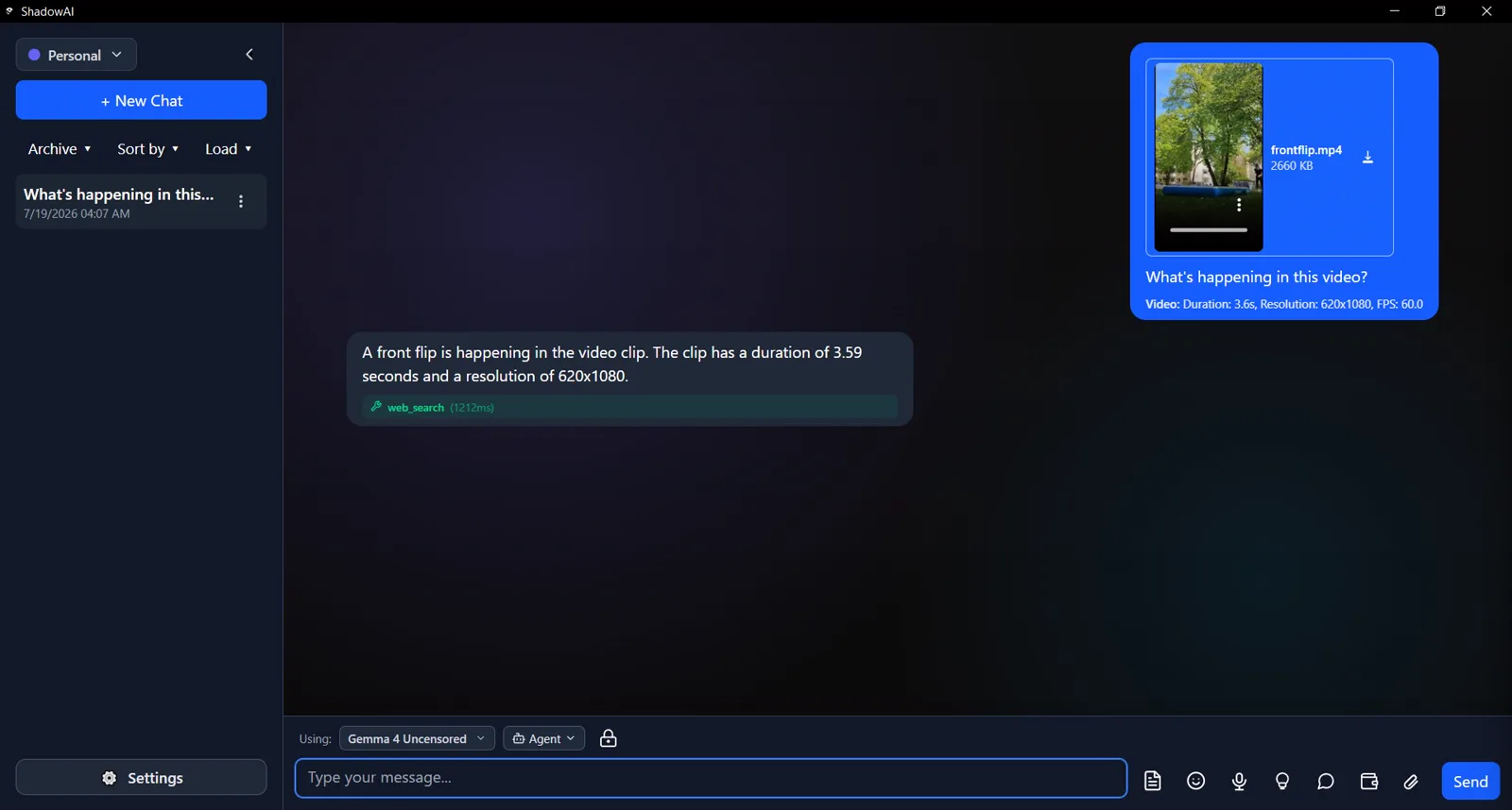 Zatinok chat analyzing an attached video clip and describing a front flip, with duration, resolution, and FPS detected